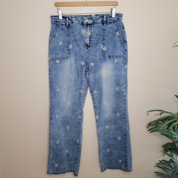 Polagram | Daisy Flower Embroidered Wide Leg Jeans Size Large - Picture 1 of 5